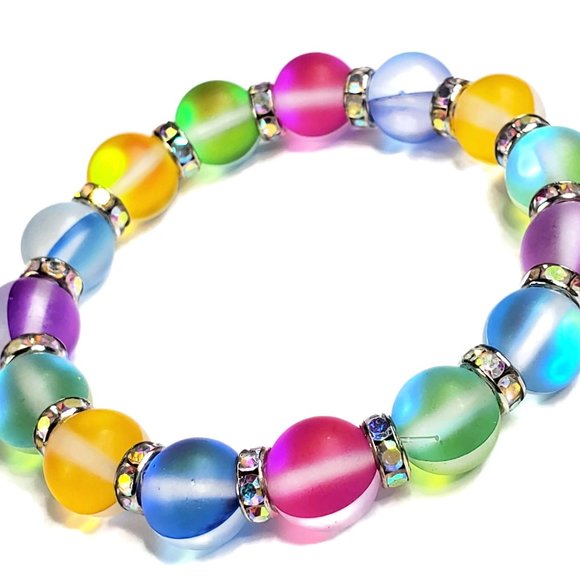 Multi Color Mat Glass Mermaid Beaded Stretch Bracelet - Picture 10 of 10